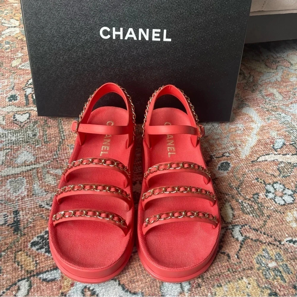 Chanel Coral Pink 2021 Interlocking CC Logo Gladiator Sandals Leather Gold Chain